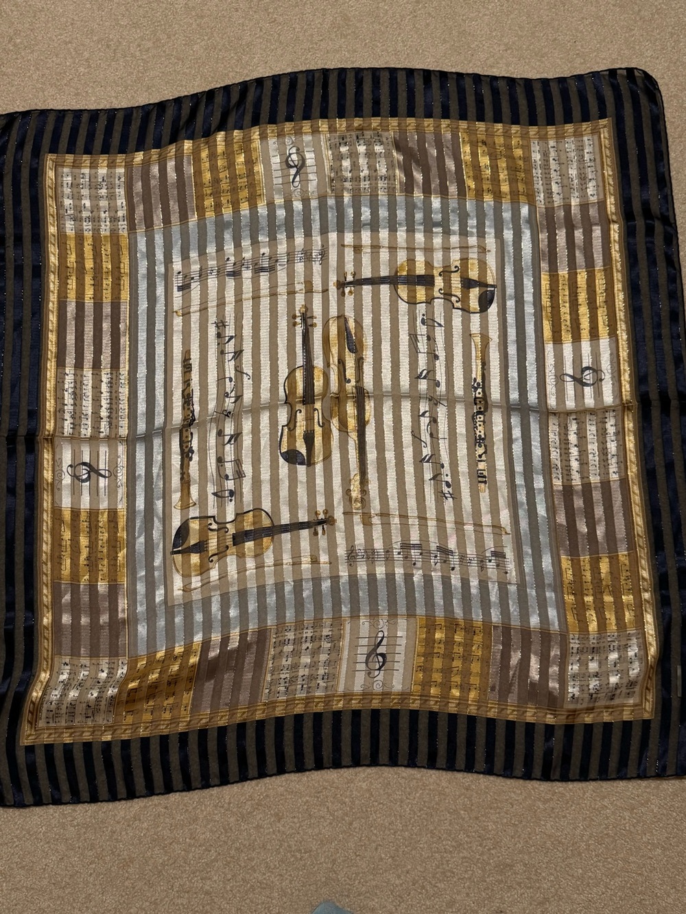 Vintage Liz Claiborne Classical Musical Instrument Square Scarf Navy Gold-34x34”